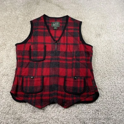 Colete Woolrich Feminino Médio Vermelho Preto Búfalo Xadrez Lã Zíper Completo Bolsos de Caça - Imagem 1 de 4