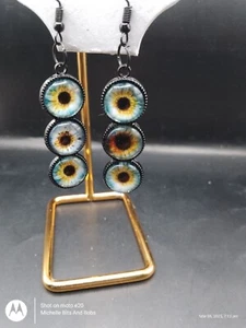 Handmade Black Tone Dangle/Drop Triple Bezel Blue Eyes Cabochon Earrings - Picture 1 of 2