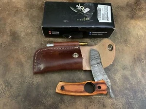 ARKnife Handmade Damascus Steel Cigar Cutter w Wooden Handle And Leather Cover - Picture 1 of 11