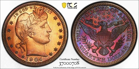 1904 25 PCGS PR67 Barber Quarter Orange + Purple Dual Toned Proof Gem 000708 Cover