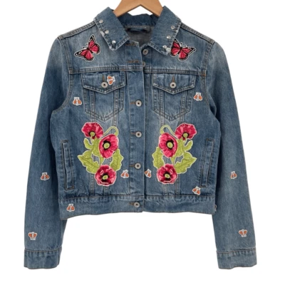 Bagatelle Collection Embroidered Floral Patch Denim Trucker Jacket Women XS - Image 1 of 4