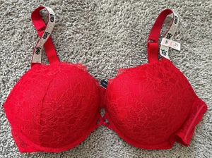 NEW VICTORIA'S SECRET BOMBSHELL BLING SHINE STRAPS PLUNGE BRA LACE RED - 36DD - Picture 1 of 3