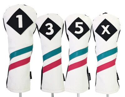 Majek Golf 1 3 5 X Driver Woods Headcover White Teal Pink Stripe Leather Style - Image 1 of 4