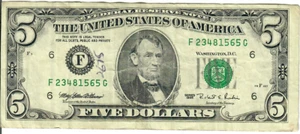 1995 5$ FRN - Small portrait w/ security thread - MEW/RER F23481565G - #15320 - Picture 1 of 2