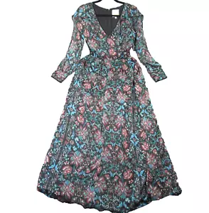 ModCloth Loop Twirl & Arch Maxi Dress S Dark Floral Sheer Tulip Slit Sleeve Boho - Picture 1 of 16