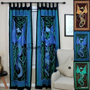 Celtic Dragon Tab Top Cotton Curtain Drape Panel Blue Red Green 44x88 inches - Picture 1 of 12