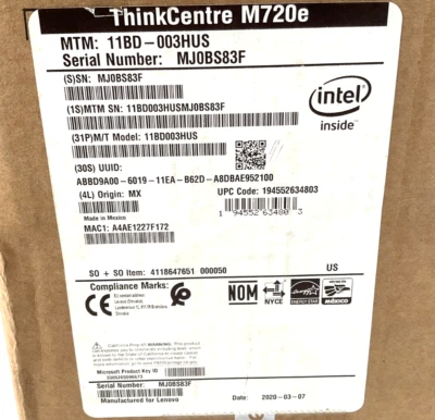 Lenovo ThinkCentre M720e SFF i5-9400 8GB 256GB BT4.3 WiFiAC W10P64 11BD003HUS - Image 1 of 4