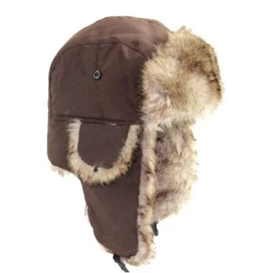 Brown Winter Mens Ushanka Aviator Trapper Hat Russian Trooper Flap Faux Fur Cap - Picture 1 of 2
