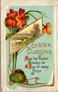 Sheep Grazing inset Flowers Easter Blessings Postcard embossed Art Nouveau - Picture 1 of 2