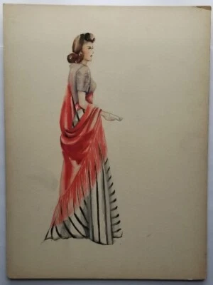 Elegant Lady with Red Shaw            Watercolor Drawing           1930's - 40's - Image 1 of 2