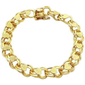 Bracciale vintage con ciondolo doppio maglie pieno oro 12 carati con cuori 7 3/4" anni 60 - Foto 1 di 5