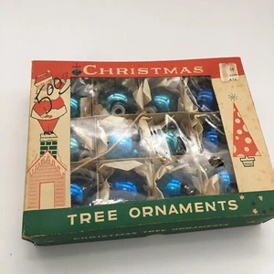 Vintage 12 blaue Glas Christbaumschmuck Originalkarton & Metallplatten POLEN - Bild 1 von 7