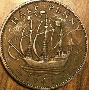 1941 UK GREAT BRITAIN HALF PENNY - Picture 1 of 2
