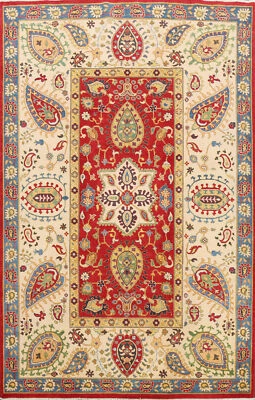 Geometric RED/ IVORY Super Kazak Oriental Area Rug Vegetable Dye Handmade 6'x9' - Image 1 of 4
