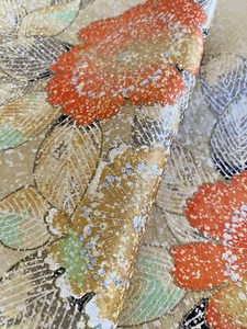 Vintage Japanese Kimono Silk Fabric, gold Floral rinzu 165CM(65") - Picture 1 of 10