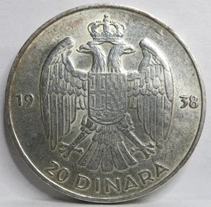 YUGOSLAVIA Serbia Kingdom 20 Dinara 1938 XF AU Silver Eagle King Peter #R90 - Picture 1 of 6