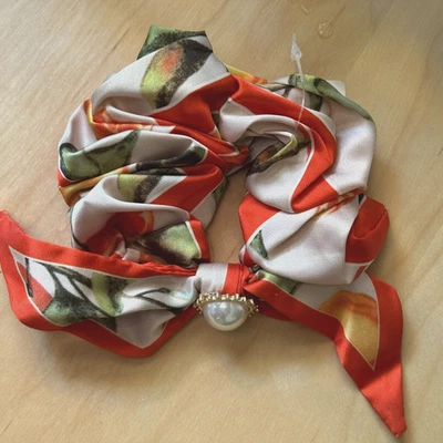 ANTHROPOLOGIE Charmed Hair Scarf Scrunchie, Orange/Green Fruit Botanical - Image 1 of 4