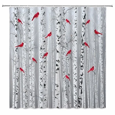 Abedul Árbol Cortina de Ducha Bosque Brumoso Pájaros Rojos Naturaleza Rústica Ganchos de Baño Foto 1 de 4