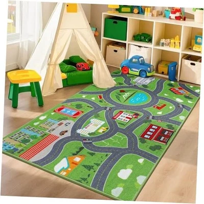  Alfombra de juego para niños, alfombra verde City Traffic Road habitación para niños ideal para jugar con  Foto 1 de 4
