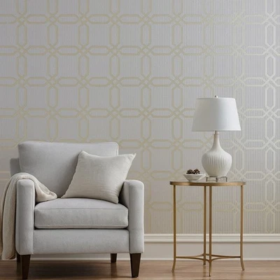 Hexagon trellis tan gold metallic faux wicker bamboo Textured geo wallpaper roll - Image 1 of 4