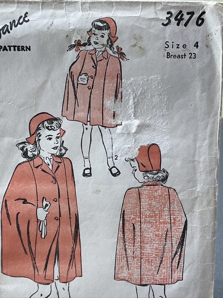 Buttoned Cape and Hat Vintage 1943 Advance 3476 Sewing Pattern Girls Sz 4 - Image 1 of 4