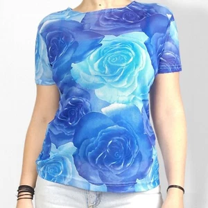 Vintage Y2K Rose Top Ladies M sheer Digital Mesh Photo Print Subversive Cyber - Picture 1 of 14