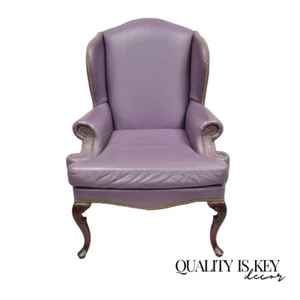 Queen Anne Style Purple Leather Wingback Chair with Nail Heads by Leather Center - Picture 1 of 13