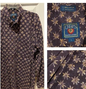 Vintage Chaps Shirt Mens Large Cotton Floral Button Up 90s Long Sleeve Purple - Picture 1 of 13