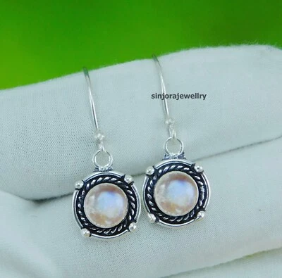 Pendientes colgantes/gotas hechos a mano de plata de ley 925 con piedra lunar arco iris de 1,25" Foto 1 de 4