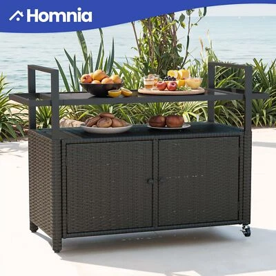 Isla de cocina al aire libre carro rodante ratán patio bar mesa mesa de vidrio con ruedas Foto 1 de 4