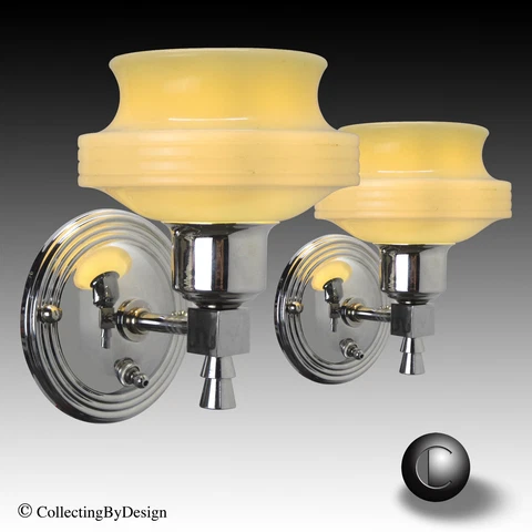 PAIR Machine Age Art Deco Chrome Sconces Uranium Glass Shades c.1933 RESTORED Cover