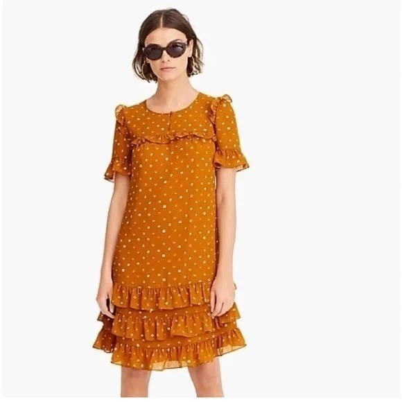 J. CREW Point Sur 荷叶边褶皱波点连衣裙温暖焦糖派对尺寸 2 — 第 1/4 张图片