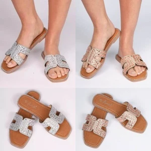 Ladies Sparkle Sliders Ladies Slip On Summer Sandals Slippers Mules Shoes Size  - Picture 1 of 16