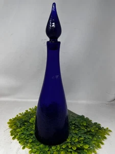 Signed 16" Blenko Art Glass Crackle Cobalt Blue Decanter Flame Stopper 2007 - Picture 1 of 24