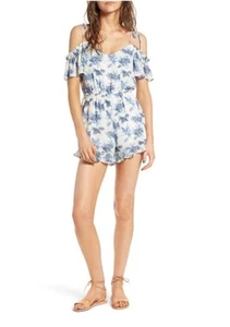 Anthropologie Moon River Cold Shoulder Strampler Gr. Large blau elfenbein Blumen Rüschen - Bild 1 von 8