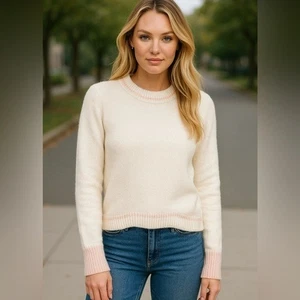 Faherty White Pink Trim Organic Cotton Crewneck Sweater Size Small Cozy Soft - Picture 1 of 8