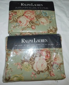 RALPH LAUREN FULL FLAT AND FITTED SHEET SET FLOWERS GREEN CHARLOTTE IV NOS VTG - Picture 1 of 7