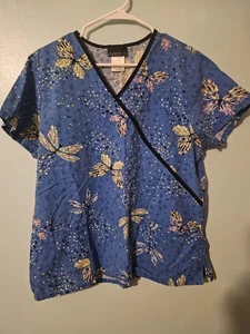 Cherokee Brand Butterflies On Blue Scrub Top  - sz L - Picture 1 of 4