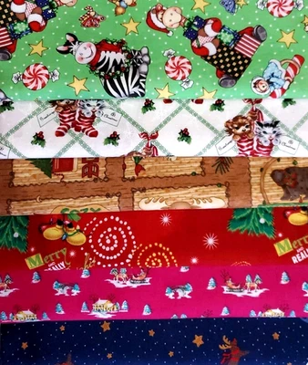 8 Yards Fabric Bundle Holiday Christmas 6 Prints 100% Cotton OOP Vintage - Image 1 of 4