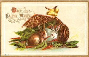 Postcard Easter bunnies chick antique 1912 Excellent condition  embossed - Picture 1 of 2
