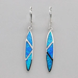 Blue Oval  FIRE OPAL Leverback Earrings - 925 STERLING SILVER #72e - Picture 1 of 10