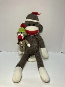 Sock Monkey Bundle Lot Of 2 Large Sock Monkey 21” And Scarf BeanieSock Monkey 9” - Picture 1 of 5