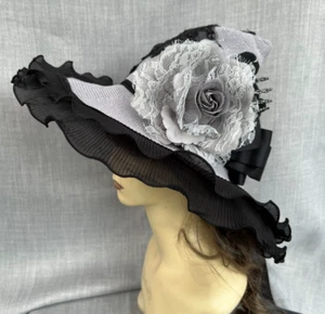 Stunning Grey Steampunk Witches Hat Roses Feathers Lace Skeleton hand Bow (20)a - Picture 1 of 8