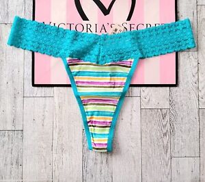 NWT Victoria's Secret Striped COTTON Lingerie Lace Band Vintage L Thong Panties