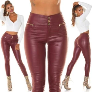Highwaist Skinny Damenhose in Leder-Optik Bordeaux #H2399 - Picture 1 of 54
