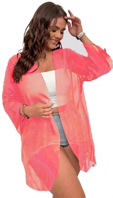 Coral Chiffon Jacket Cardi Lightweight Sheer Jacket Open Front Cover Womens - Image 1 of 4