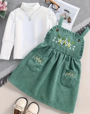 Vestido Jersey Verde Navidad 2 Piezas Bordado Pana Manga Larga Acanalado Top NUEVO Foto 1 de 4