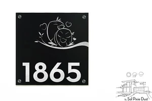 Modern House Sign Black Aluminum (ACP) Silver Fiber Laser Engraved Love Birds - Picture 1 of 5