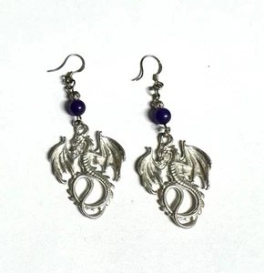 Purple Bead And Silver Dragon Dangle Earrings - Picture 1 of 1