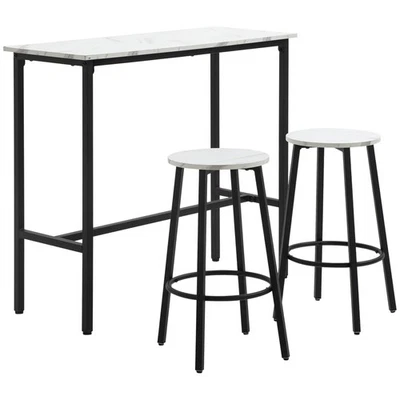 HOMCOM 3 Piece Bar Table Set for 2 with Stools Steel Frame Footrest White - Image 1 of 4